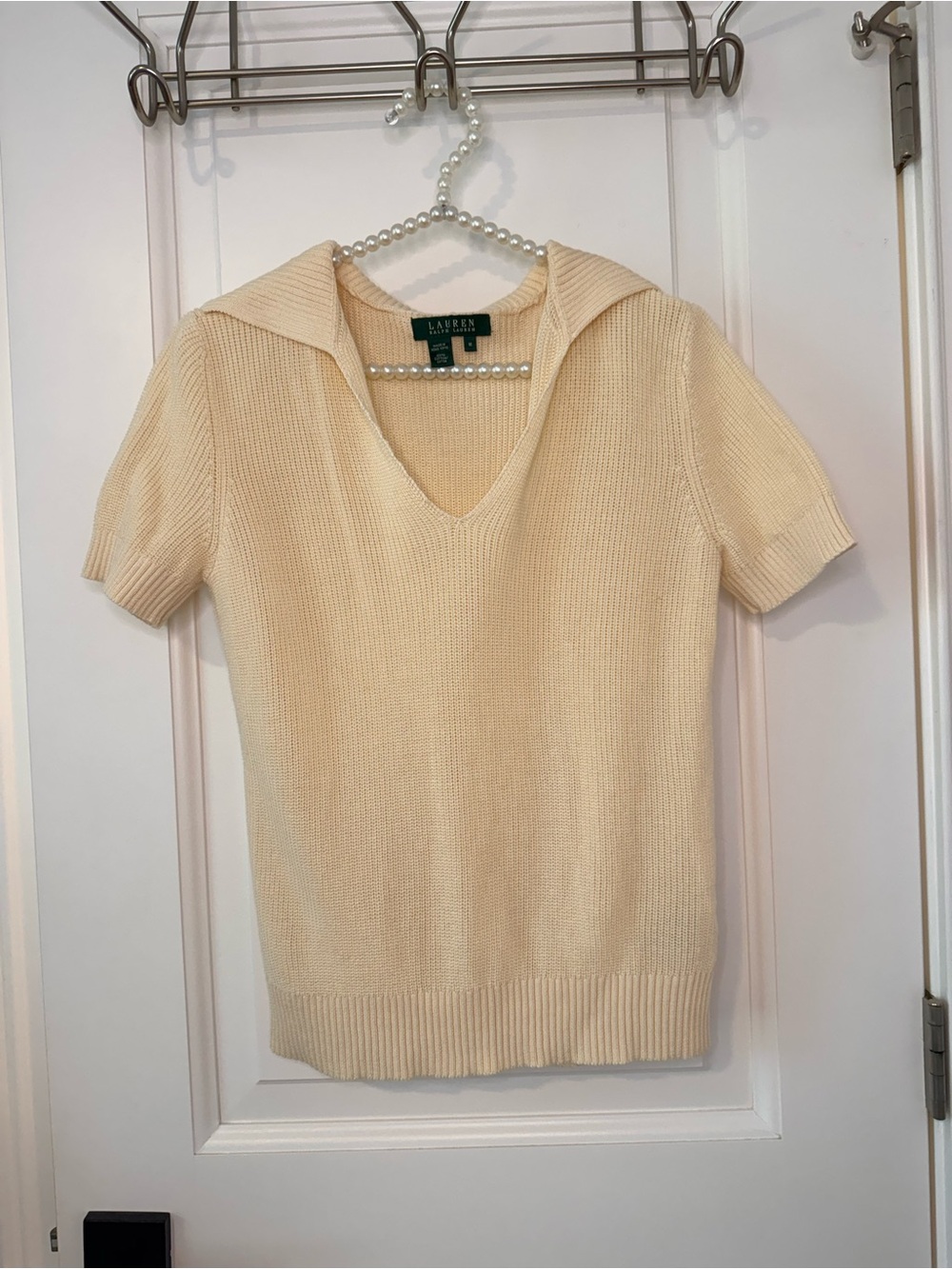 Ralph Lauren Cream Short-Sleeve V-Neck Sweater with Collar